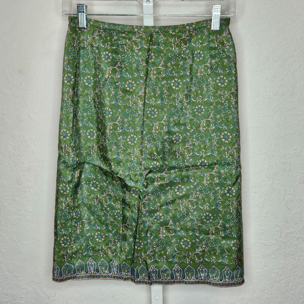 Old Navy Green Silk Skirt 100% Silk Floral Boho Y2K Ethnic Print Lined Size 2